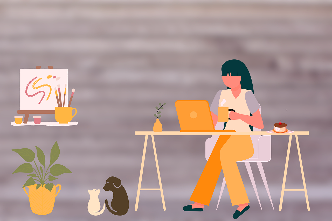 A cartoon image of a girl working from home. Image by Moondance from Pixabay